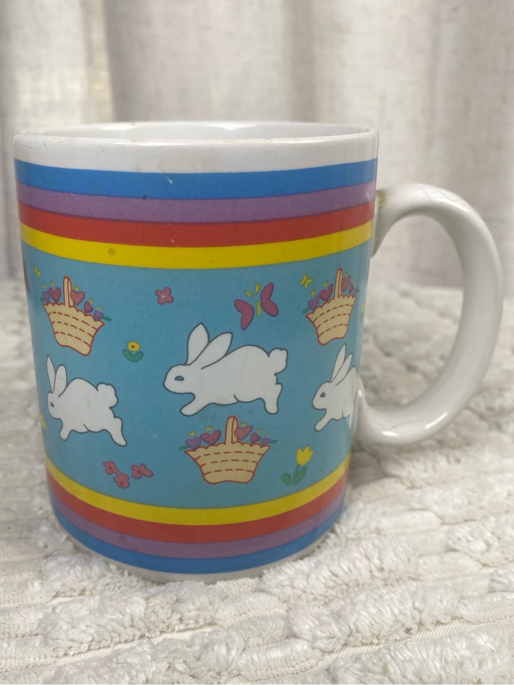 Vintage 80s Papel Easter Bunny Rainbow Mug Ceramic Rabbit Coffee Cup Korea
